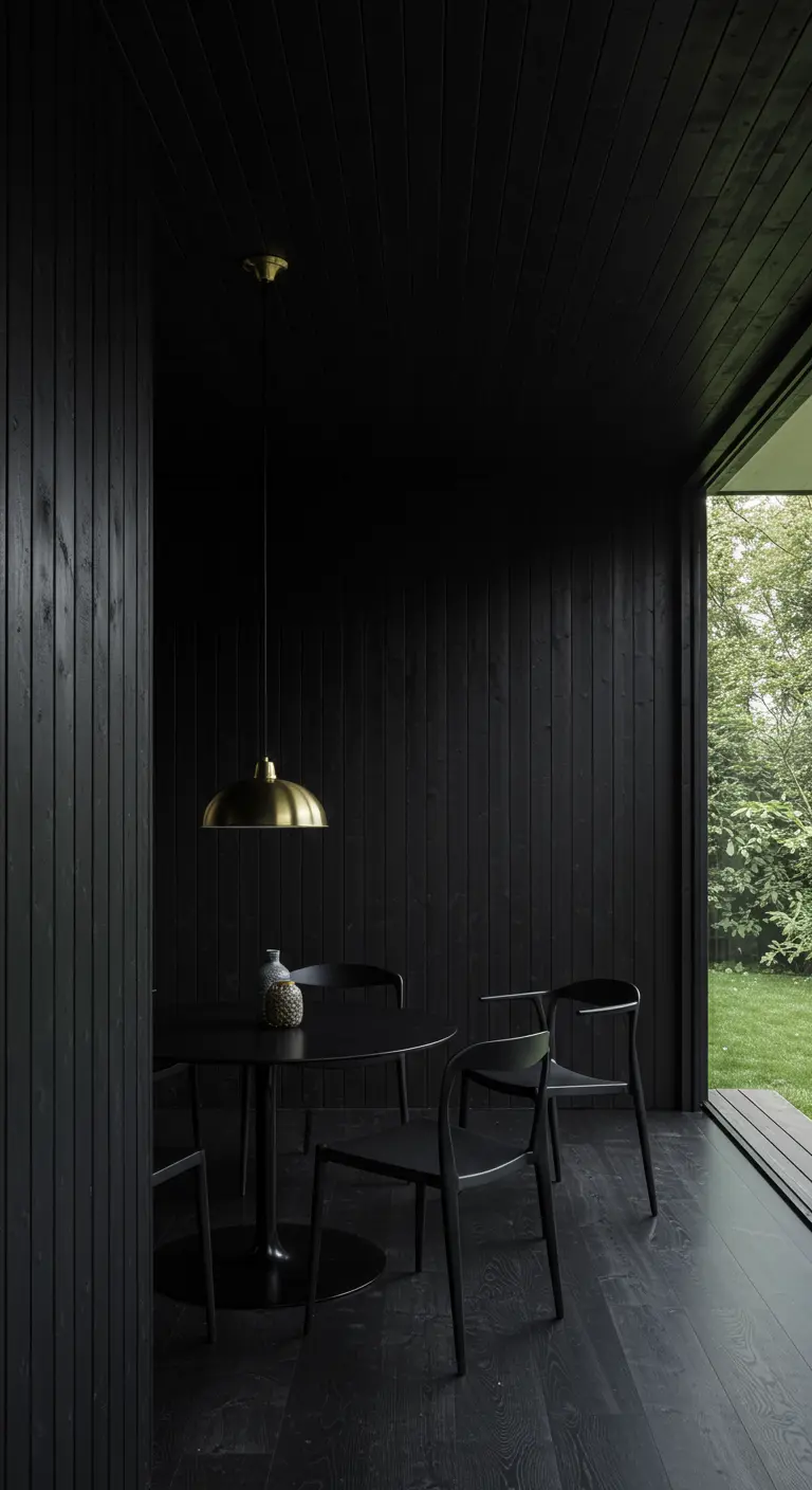 Comedor íntimo y oscuro con paredes y techo de madera negra y una lámpara dorada