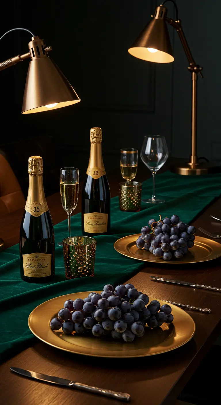 Mesa oscura con camino de mesa verde, platos dorados, lámparas modernas y uvas negras.