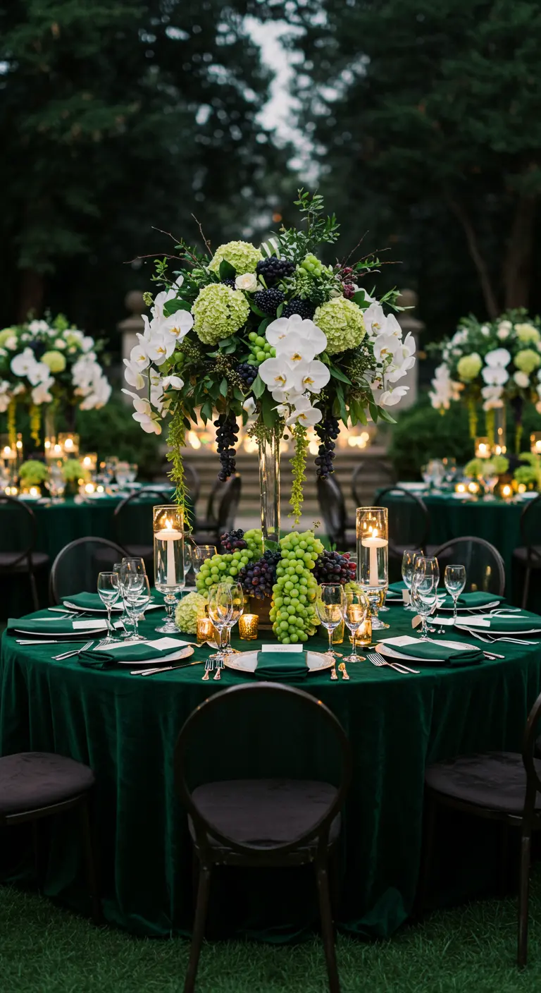 Mesa redonda con mantel de terciopelo verde, decorada con un alto arreglo floral con uvas.