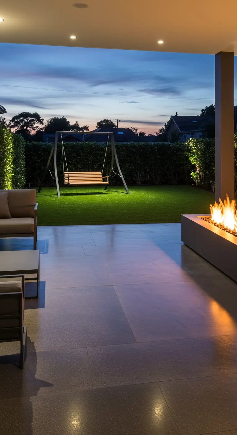 Patio moderno al anochecer con una fogata lineal, un columpio iluminado y vistas al jardín