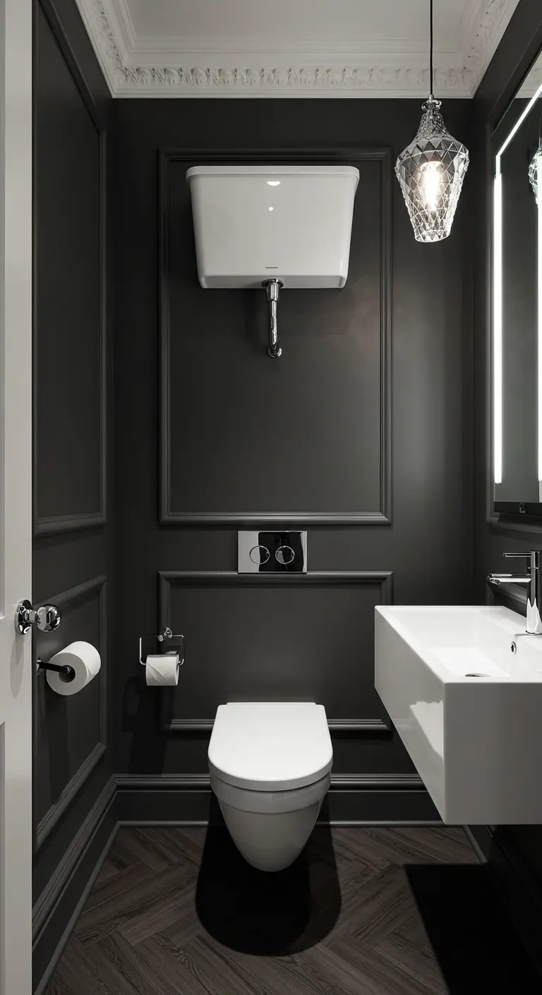 Baño elegante con paredes en gris oscuro con molduras y una lámpara colgante de cristal