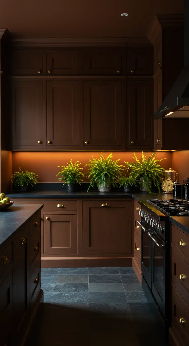 Cocina oscura en marrón chocolate con una pared trasera iluminada en terracota y helechos.