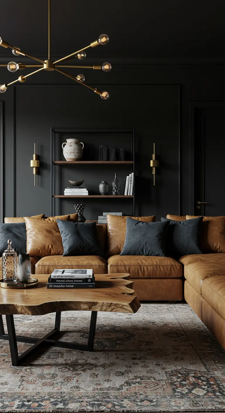 Sala de estar oscura y elegante con paredes negras, sofá de cuero y detalles dorados.