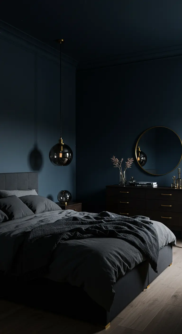 Dormitorio oscuro y elegante con lámpara colgante, espejo y tiradores dorados como acentos.