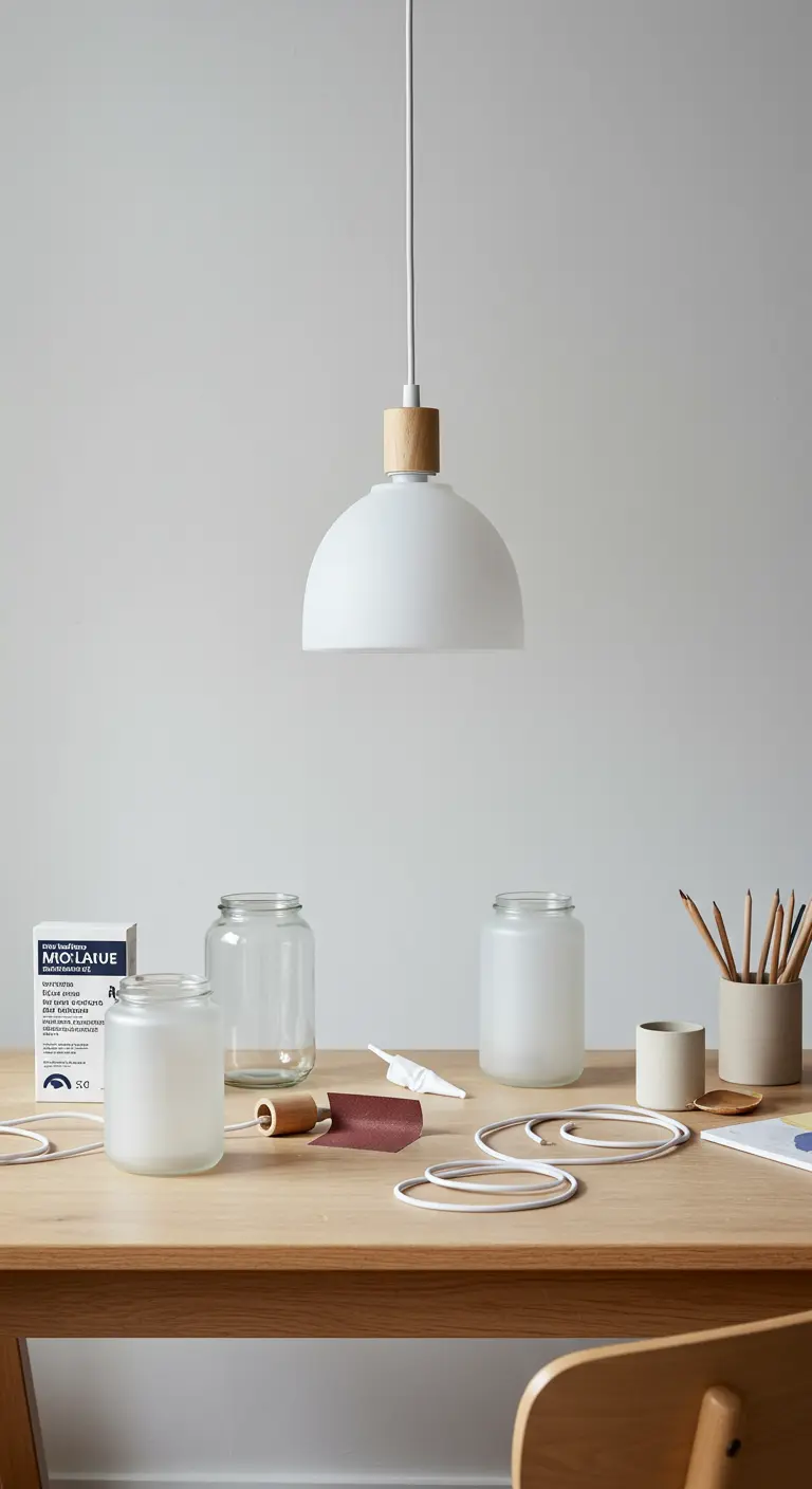 Lámpara colgante minimalista con pantalla de frasco de vidrio blanco esmerilado y base de madera.