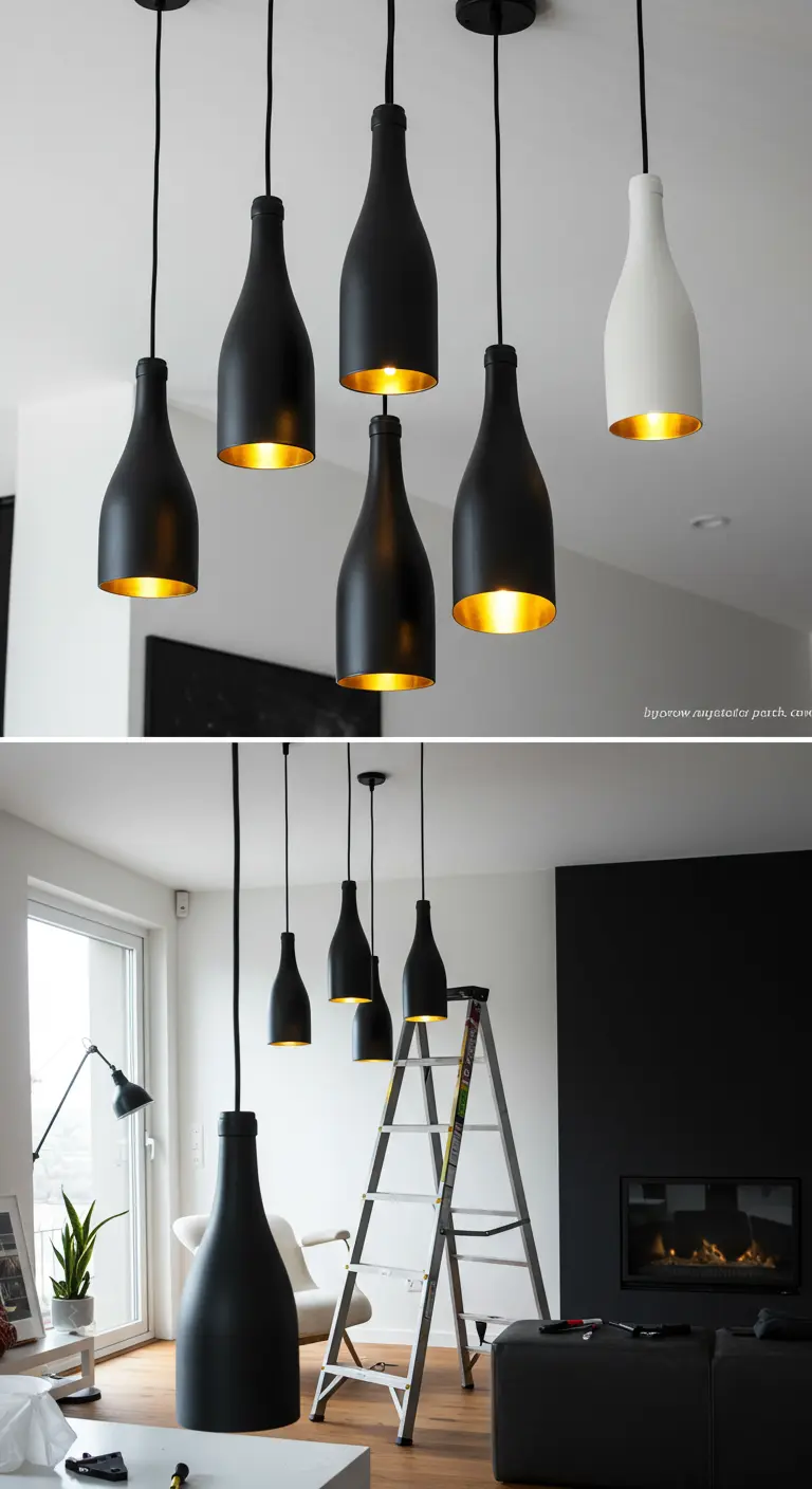 Conjunto de lámparas hechas con botellas pintadas en negro mate con interior dorado y una en blanco.