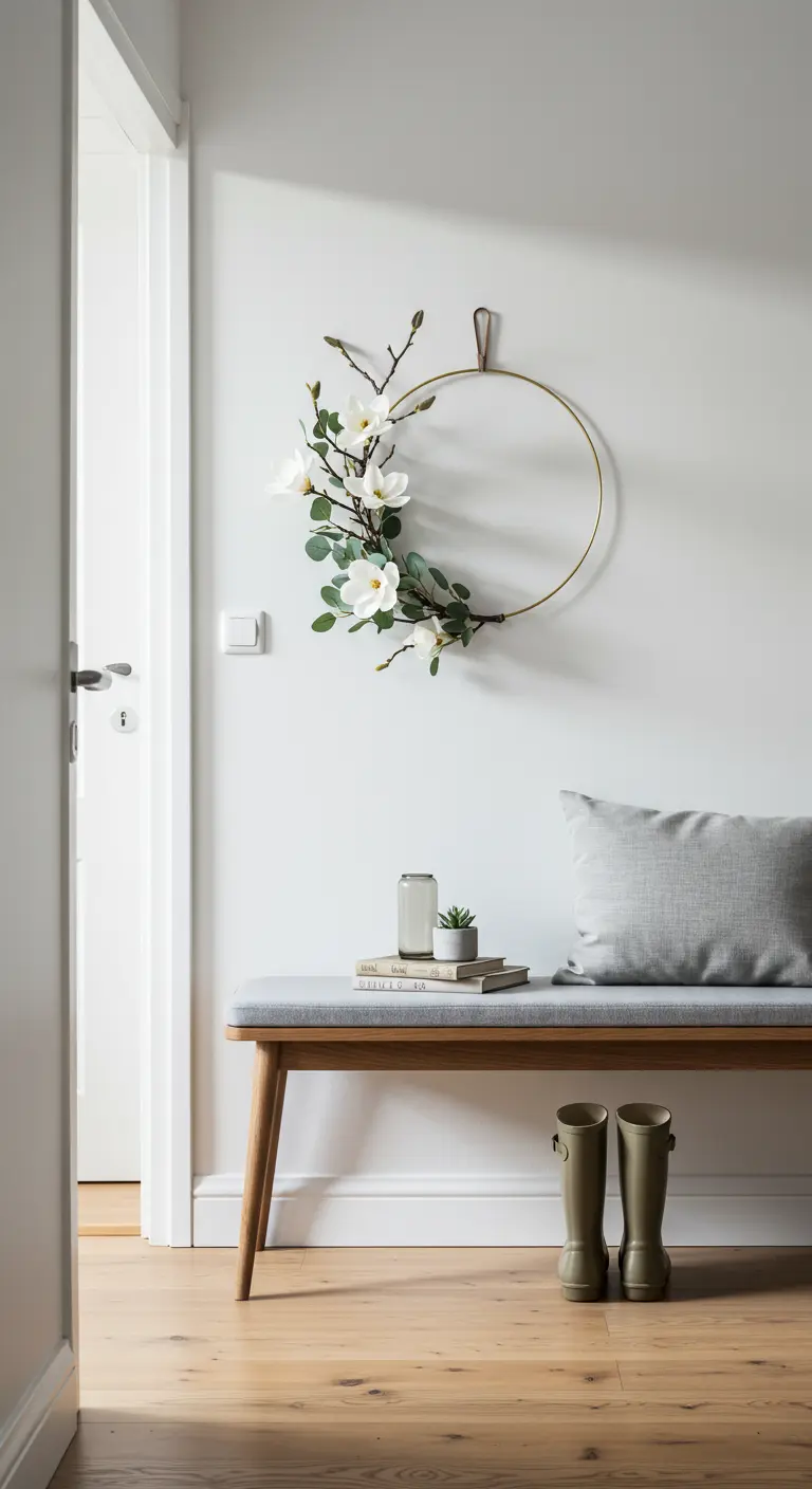 Corona minimalista con magnolias blancas en un aro dorado en una pared blanca.