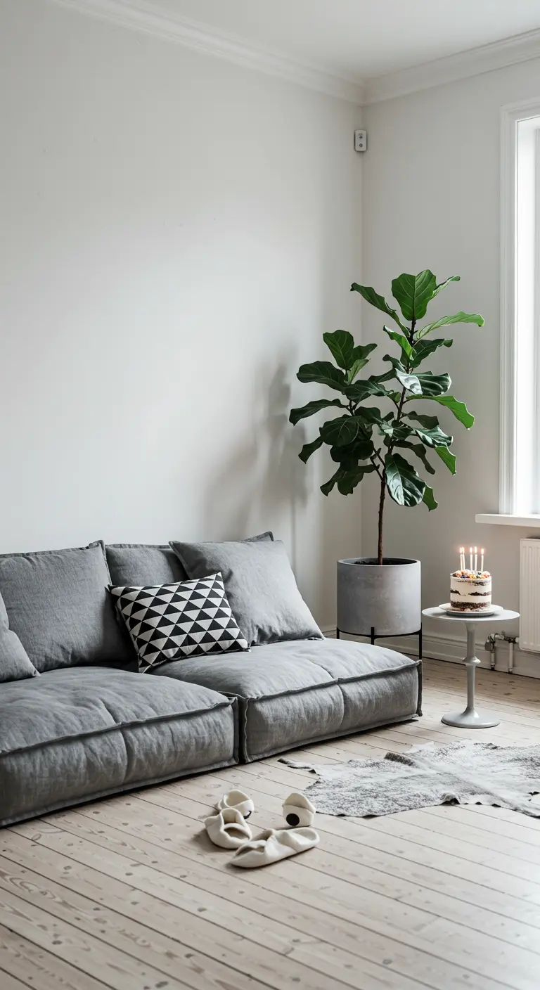 Sofá bajo de lino gris en una sala minimalista con una planta alta y un pastel.