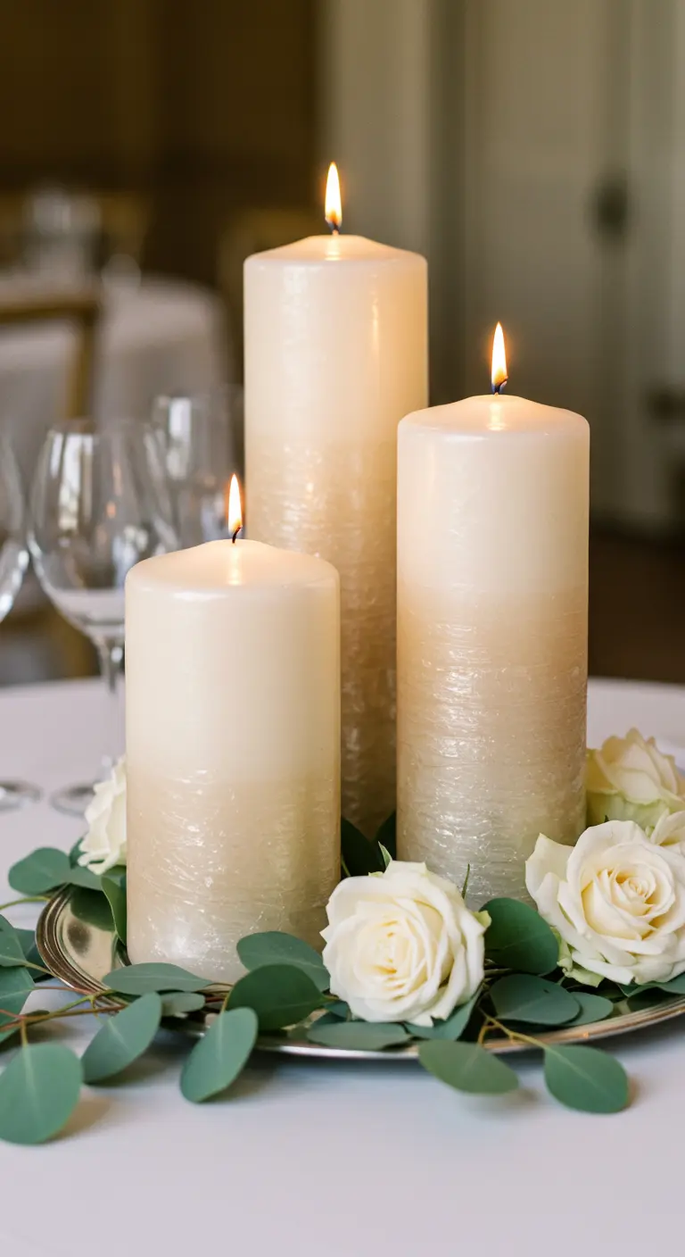 Tres velas cilíndricas con un suave degradado en tonos champán, rodeadas de rosas blancas.