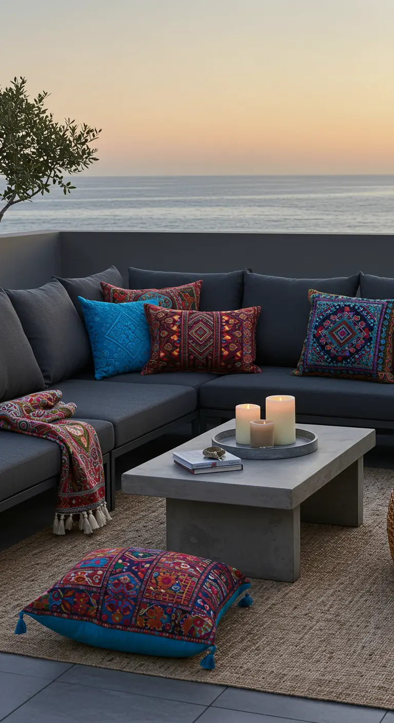 Terraza con sofá gris oscuro, cojines étnicos de colores vivos y una manta con borlas.