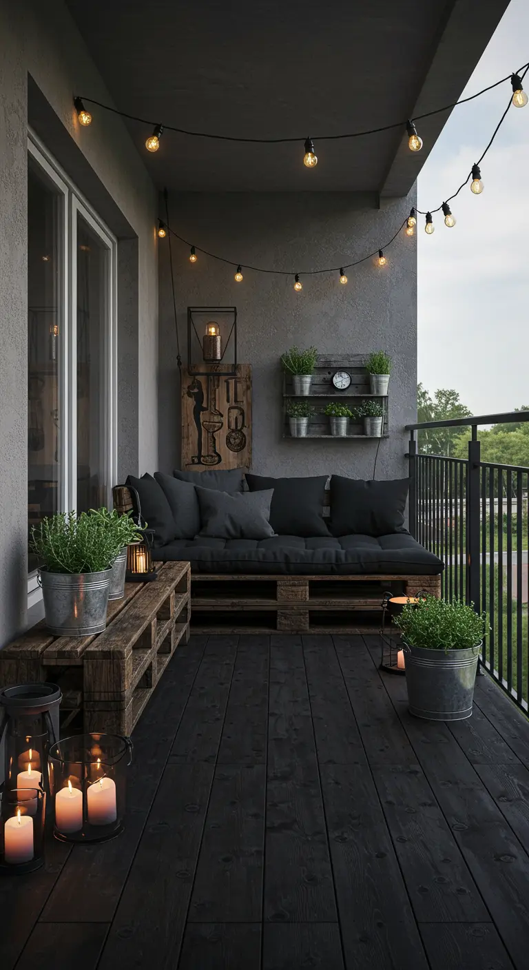 Balcón de estilo moderno con suelo y muebles de palets pintados de negro, cojines grises y macetas de metal