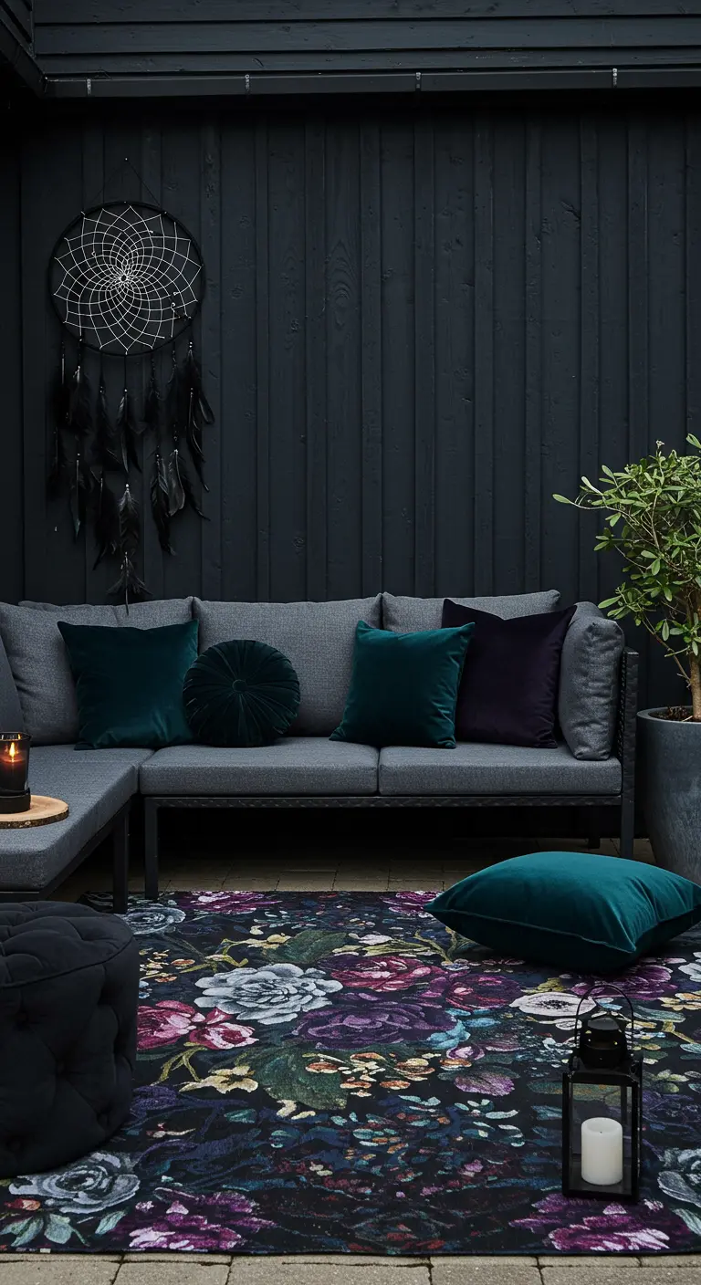 Patio con pared negra, sofá gris oscuro, cojines de terciopelo y una alfombra floral sobre fondo negro