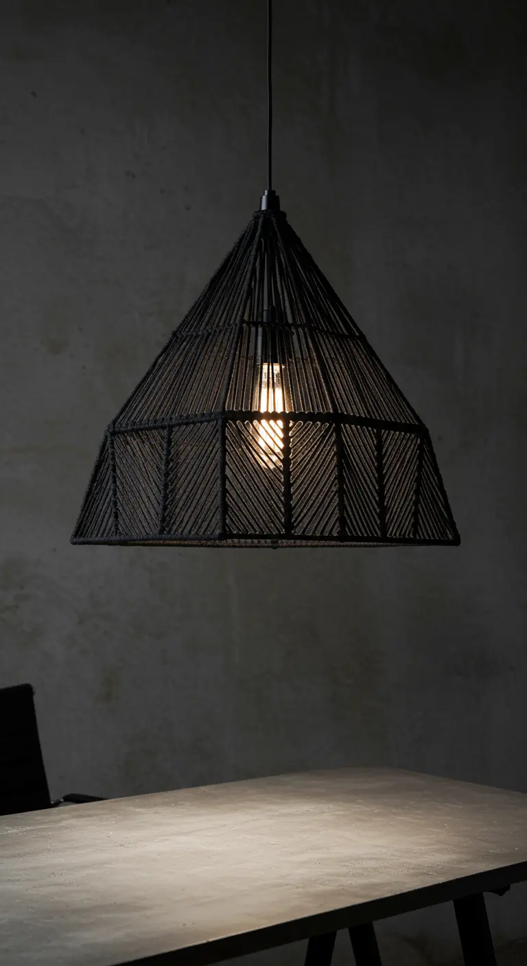 Lámpara colgante de macramé negro con diseño geométrico y luz cálida.
