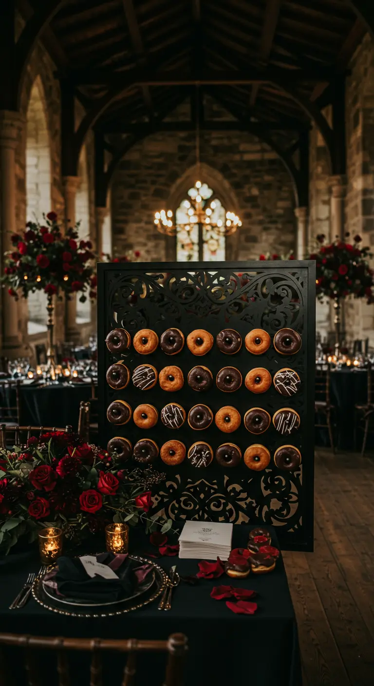 Pared de donuts negra con un intrincado patrón calado, decorada con rosas rojas.