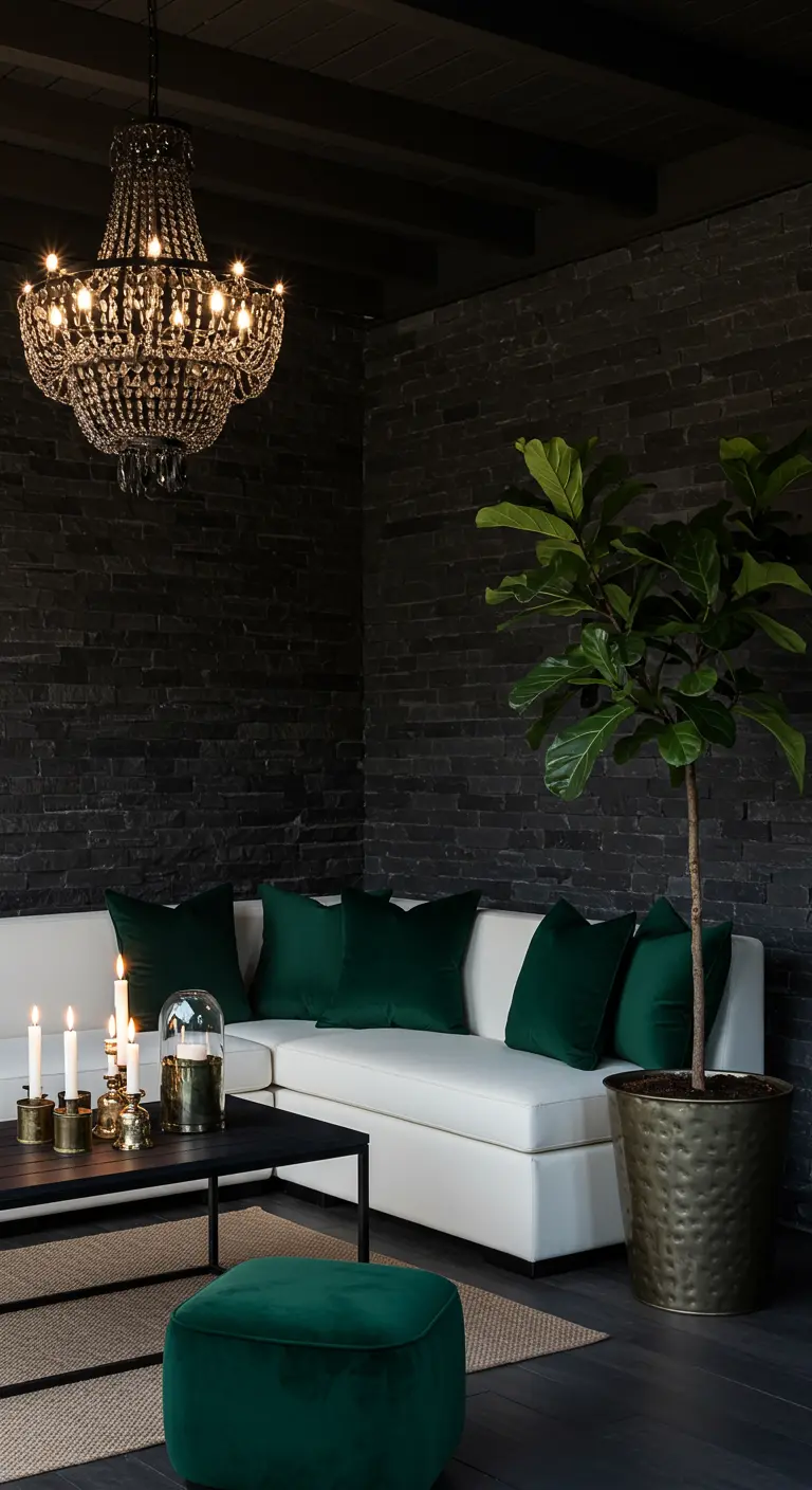 Patio moderno con pared de piedra negra, sofá blanco con cojines verdes y lámpara de araña oscura