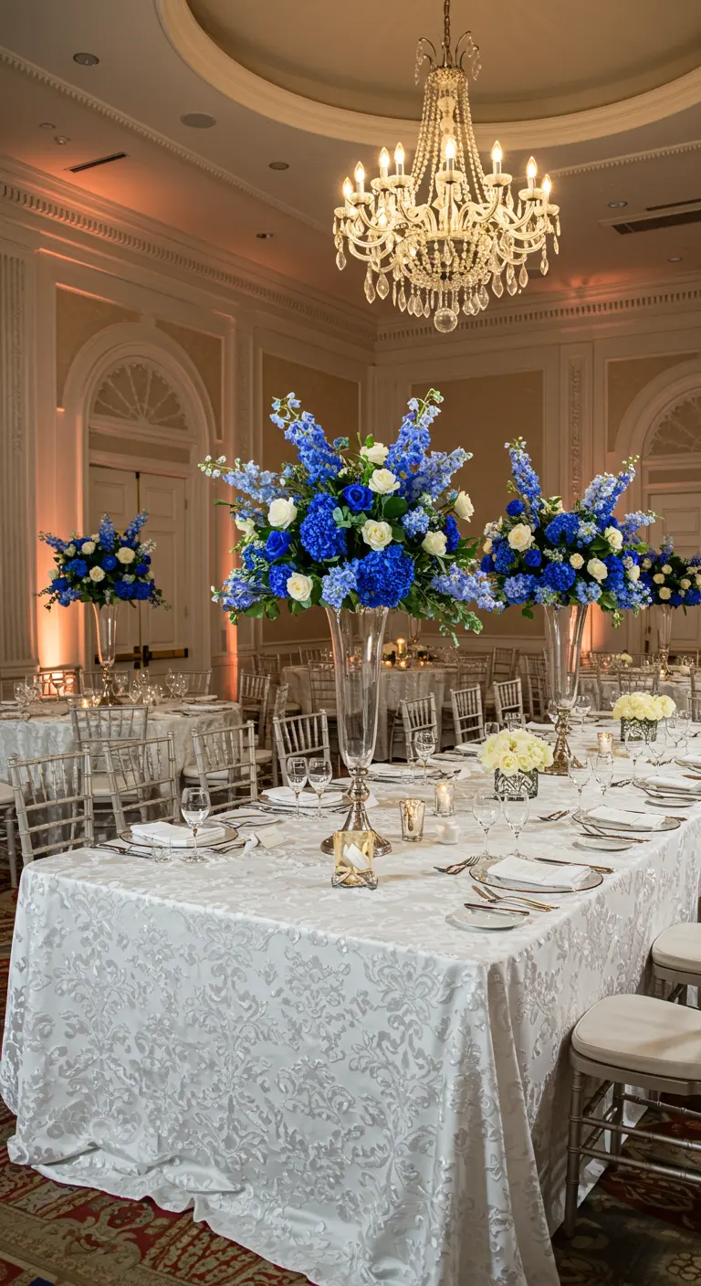 Mesa de bautizo elegante con altos arreglos florales azules y un candelabro de cristal.