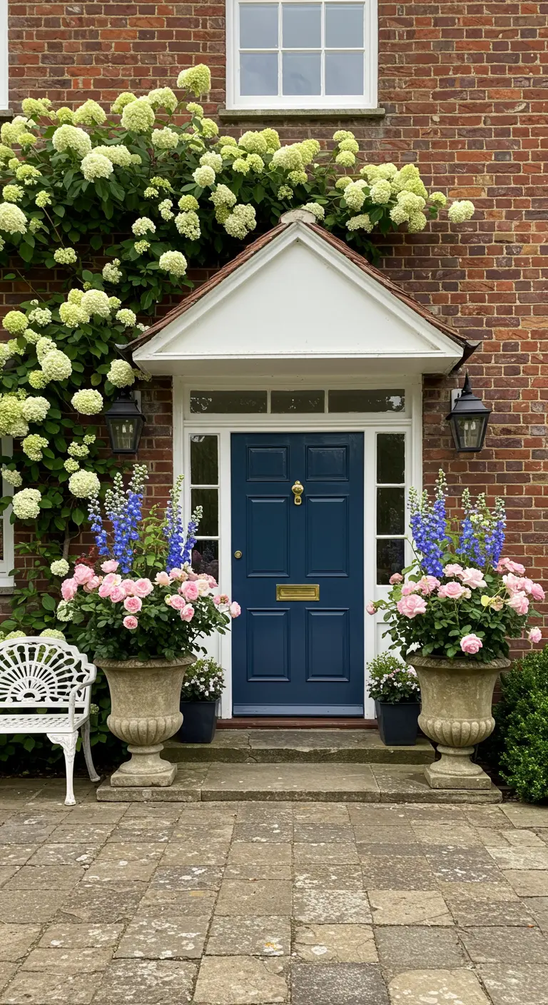 Puerta de entrada azul marino flanqueada por grandes urnas con rosas rosadas y flores altas azules.