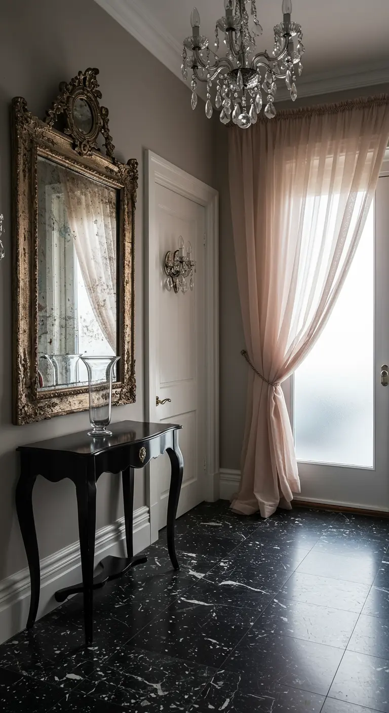 Entrada lujosa con suelo de mármol negro, consola oscura, espejo dorado y cortina rosa pálido.