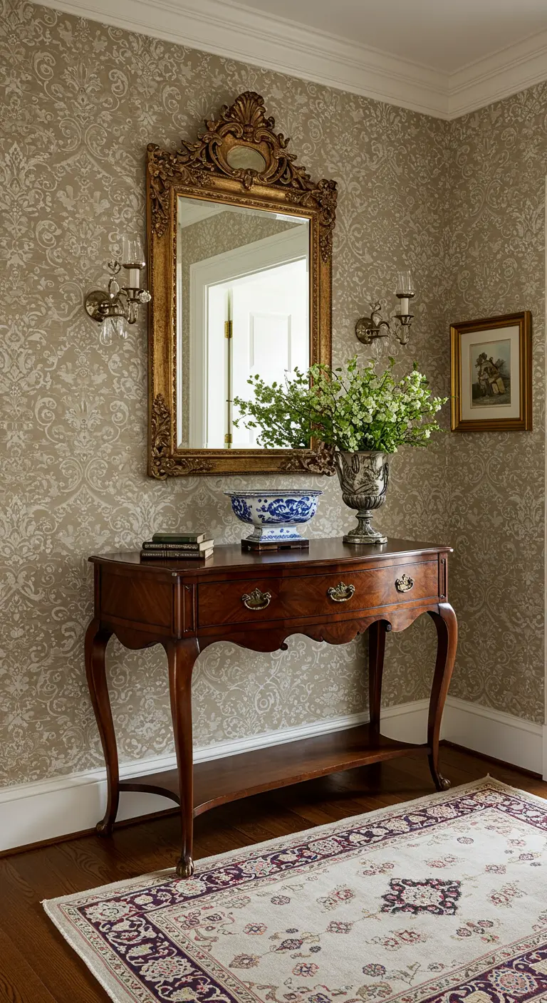 Entrada clásica con papel pintado de damasco, consola antigua y espejo dorado de estilo barroco.