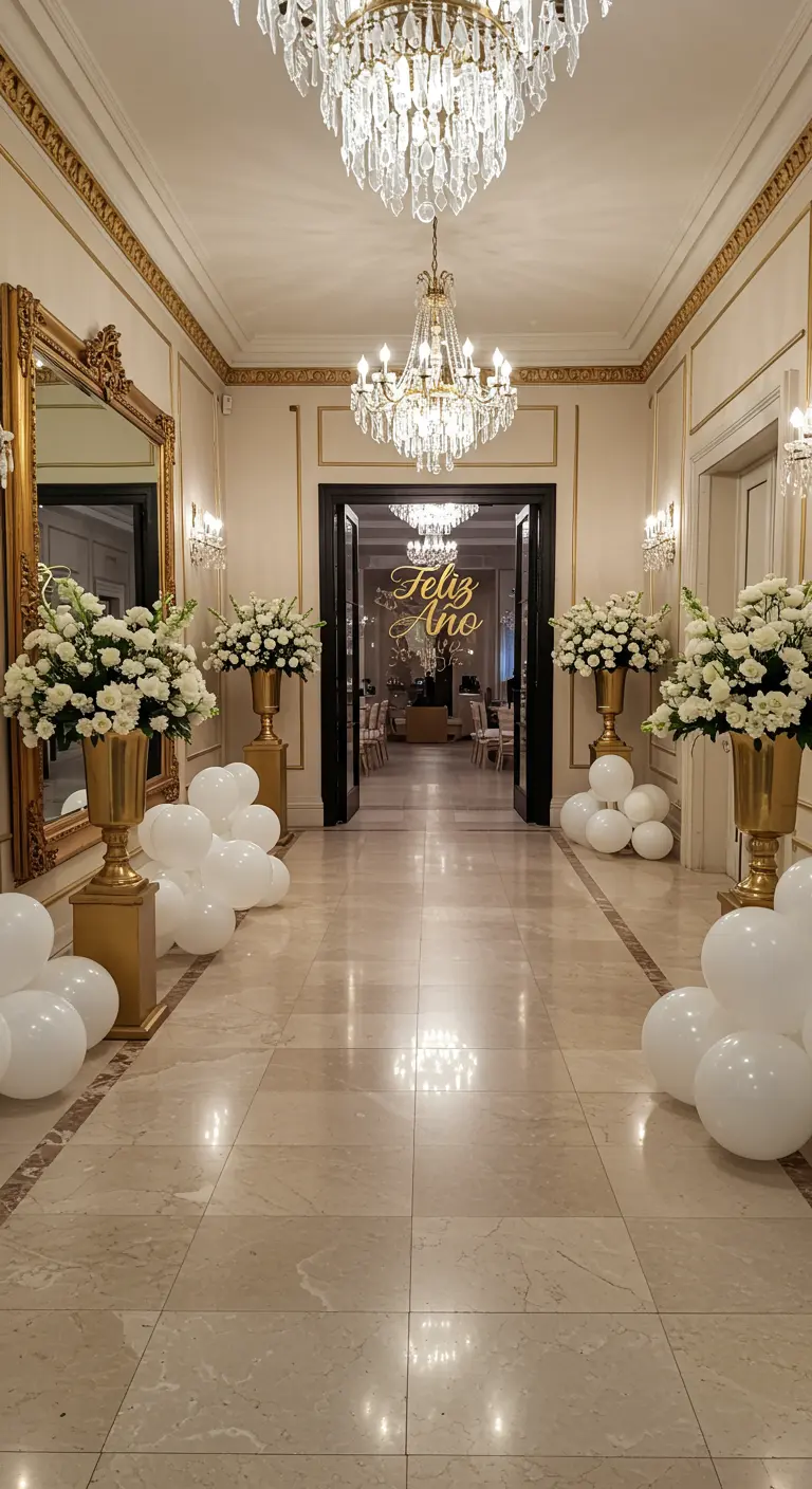 Pasillo de lujo con candelabros, flores blancas, globos y un letrero dorado.
