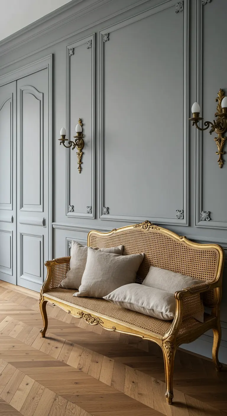 Banco dorado de estilo francés con respaldo de rejilla y cojines de lino en un salón con paredes grises.