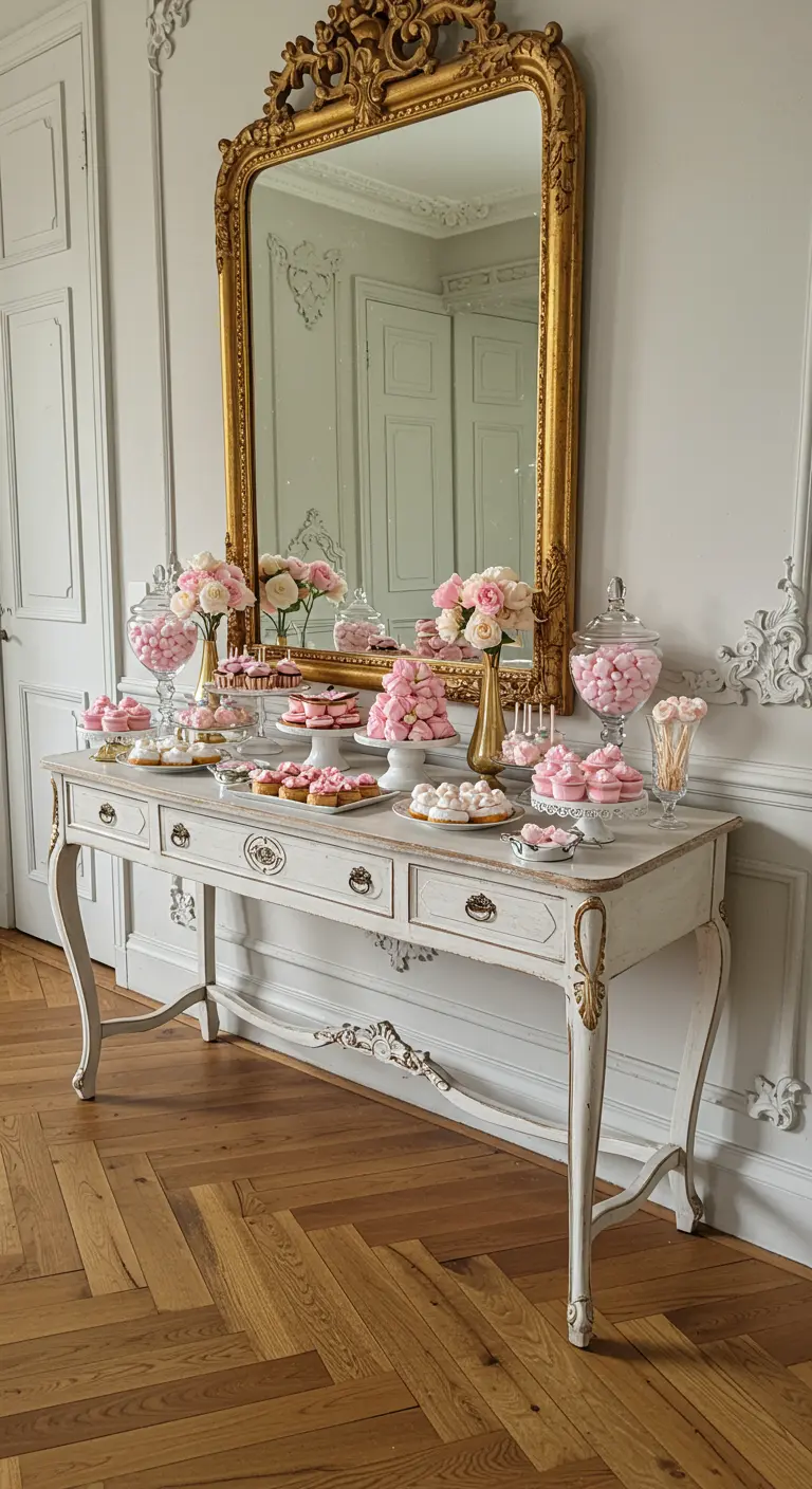Mesa de dulces sobre una consola vintage blanca y dorada frente a un espejo ornamentado.