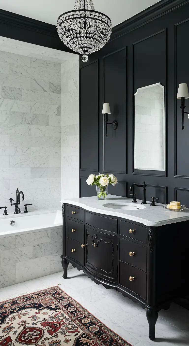 Baño clásico con paredes paneladas en negro mate, mueble vintage y lámpara de araña de cristal