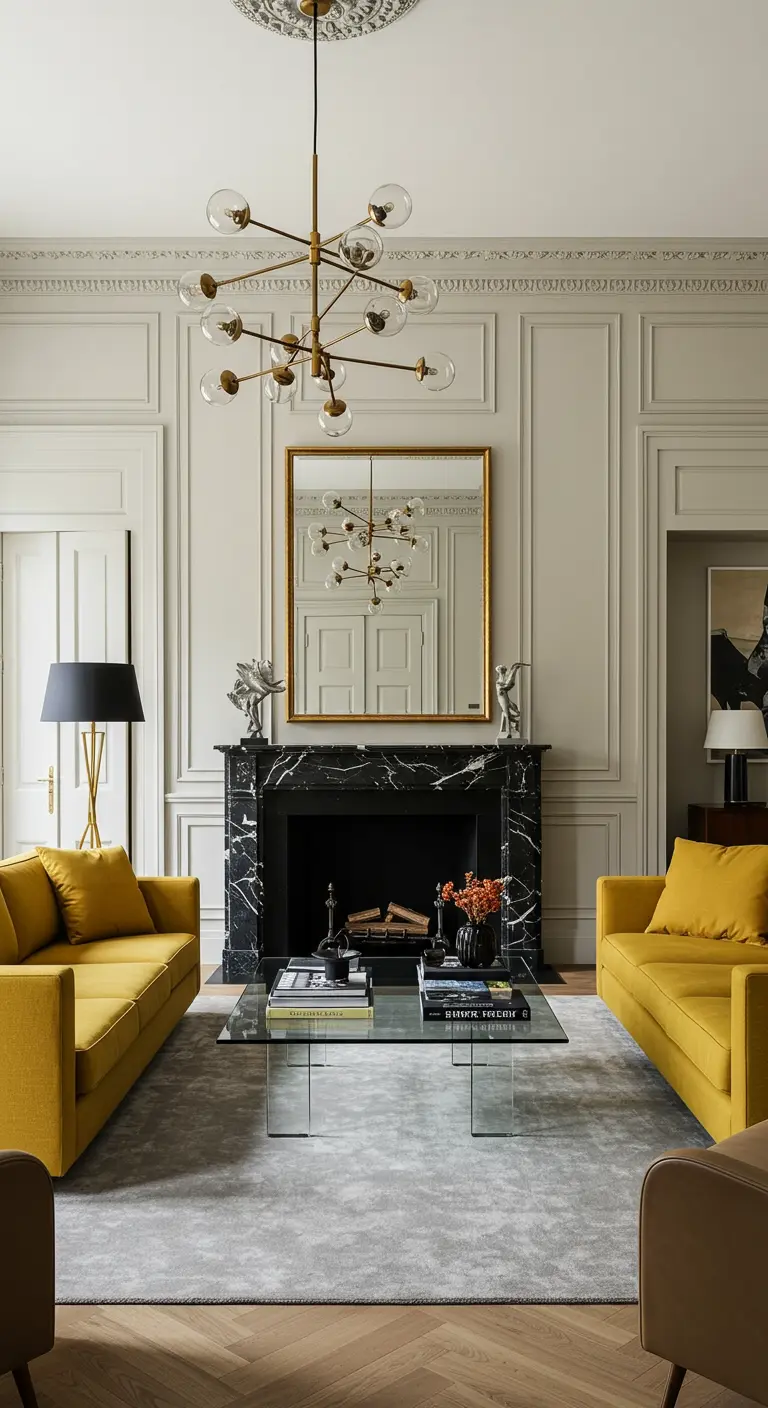 Salón neoclásico con paredes con molduras, chimenea de mármol y dos sofás mostaza enfrentados.