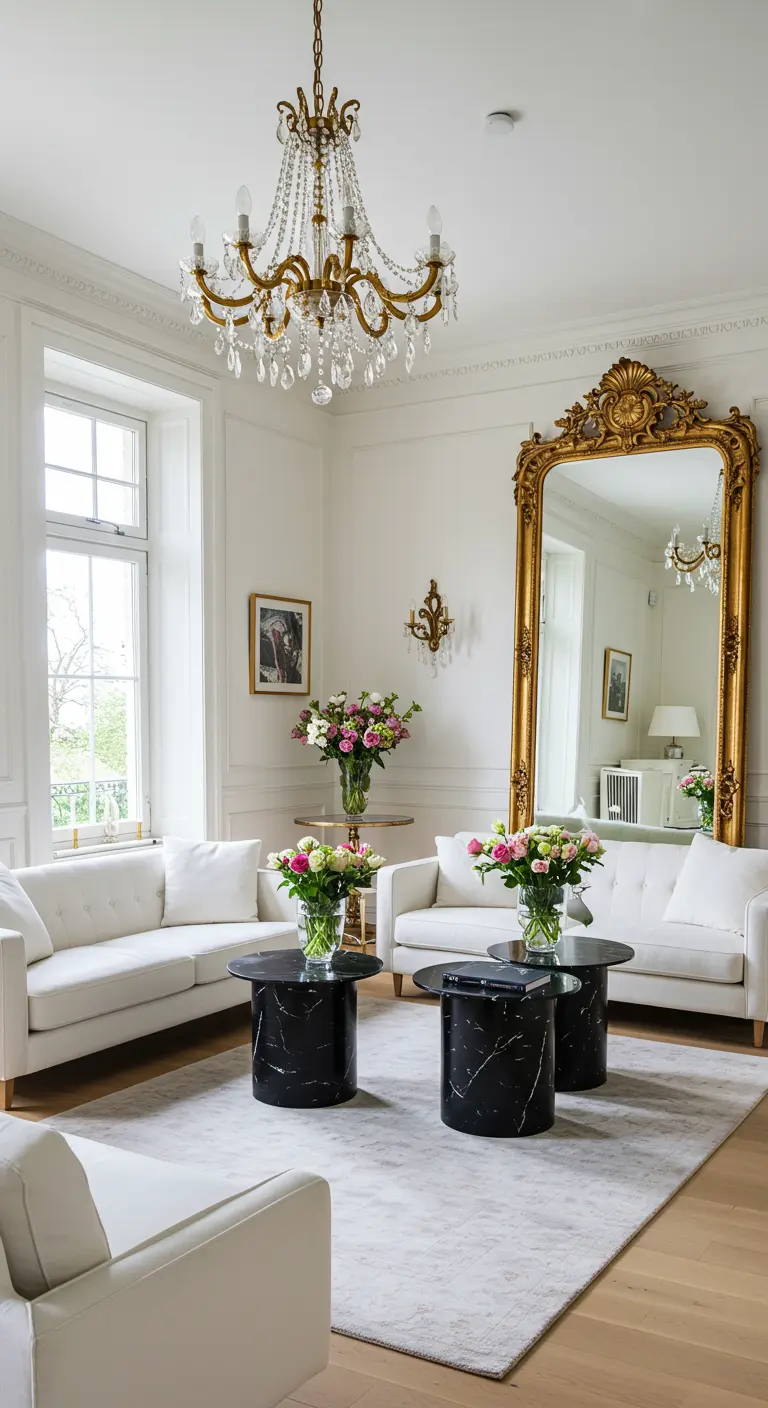 Salón de estilo parisino con un gran espejo dorado ornamentado, sofás blancos y mesas de mármol negro