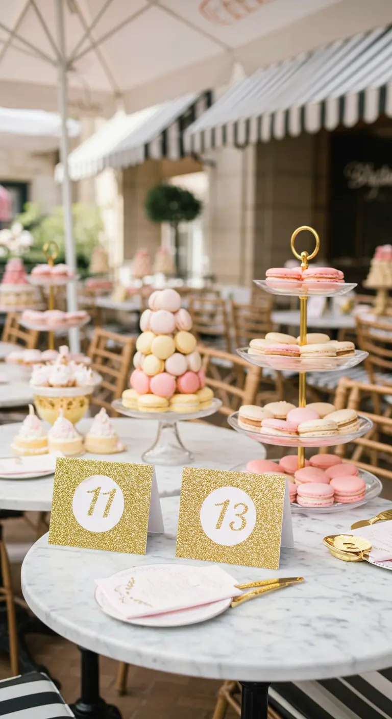 Números de mesa de glitter dorado en una mesa de mármol con torres de macarons.