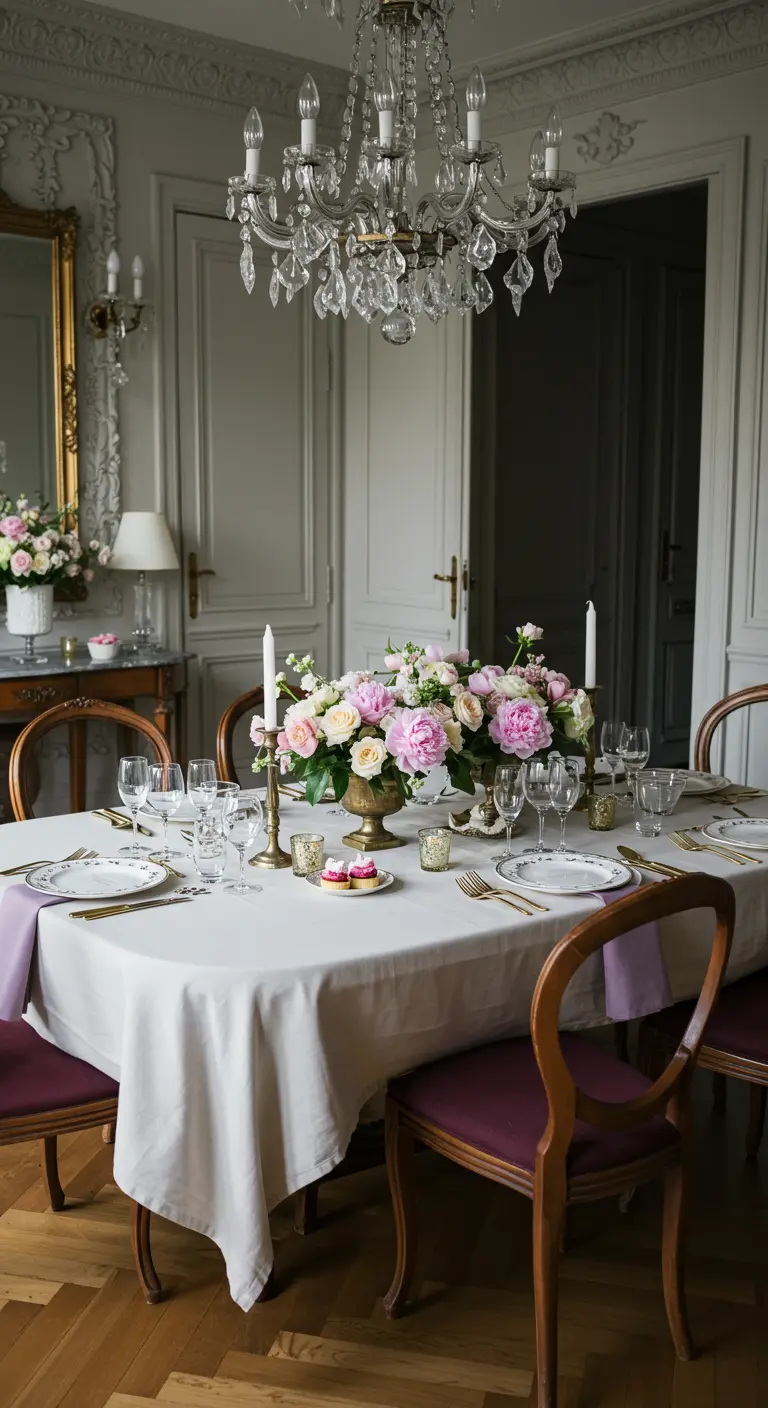Elegante mesa de comedor con un gran ramo de peonías y candelabros dorados clásicos.