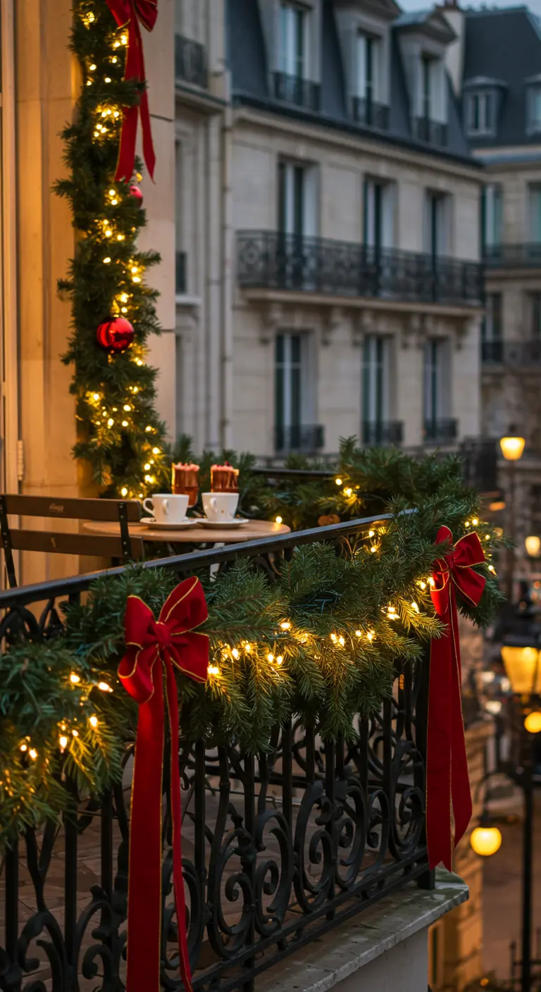 Balcón parisino con barandilla de hierro forjado, guirnalda y grandes lazos de terciopelo rojo.
