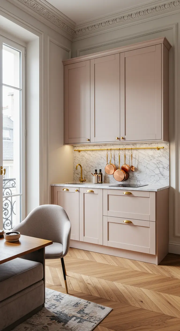 Cocina pequeña y elegante de estilo parisino con gabinetes en rosa nude y detalles de latón.