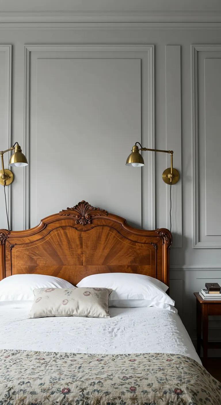 Pared gris con molduras clásicas estilo 'boiserie' y apliques dorados a cada lado de la cama.