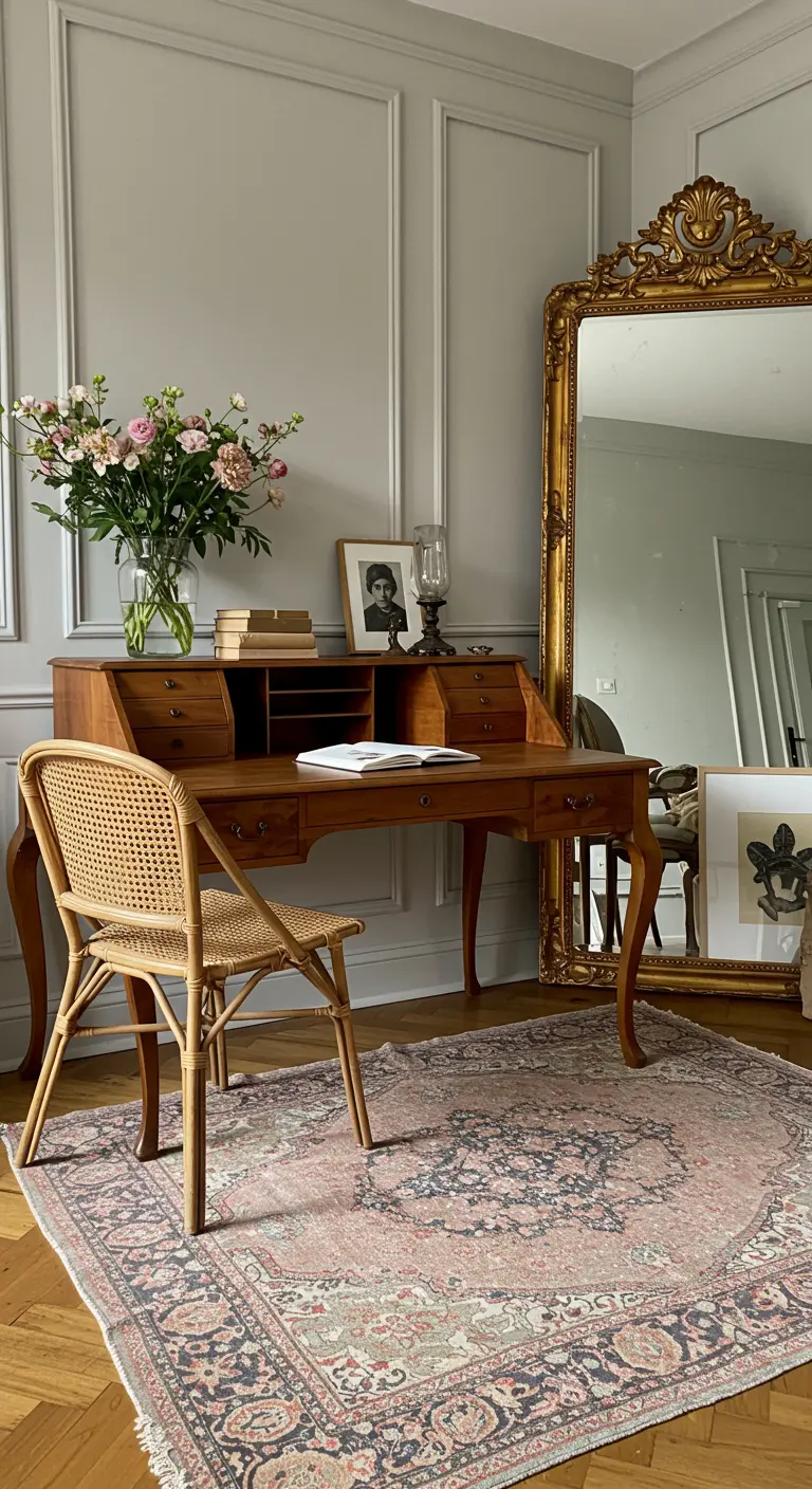 Rincón de trabajo de estilo parisino con un escritorio vintage y un gran espejo dorado.