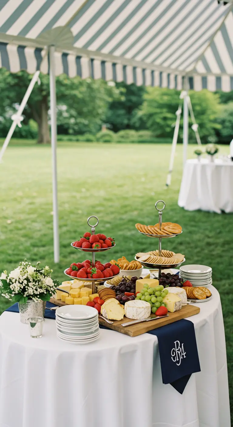 Mesa de quesos y fresas en una fiesta de jardín, con servilletas monogramadas.