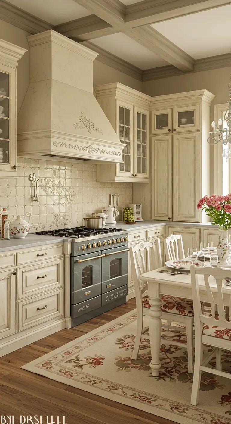 Cocina de estilo provenzal en tonos crema con campana ornamentada y una alfombra floral.