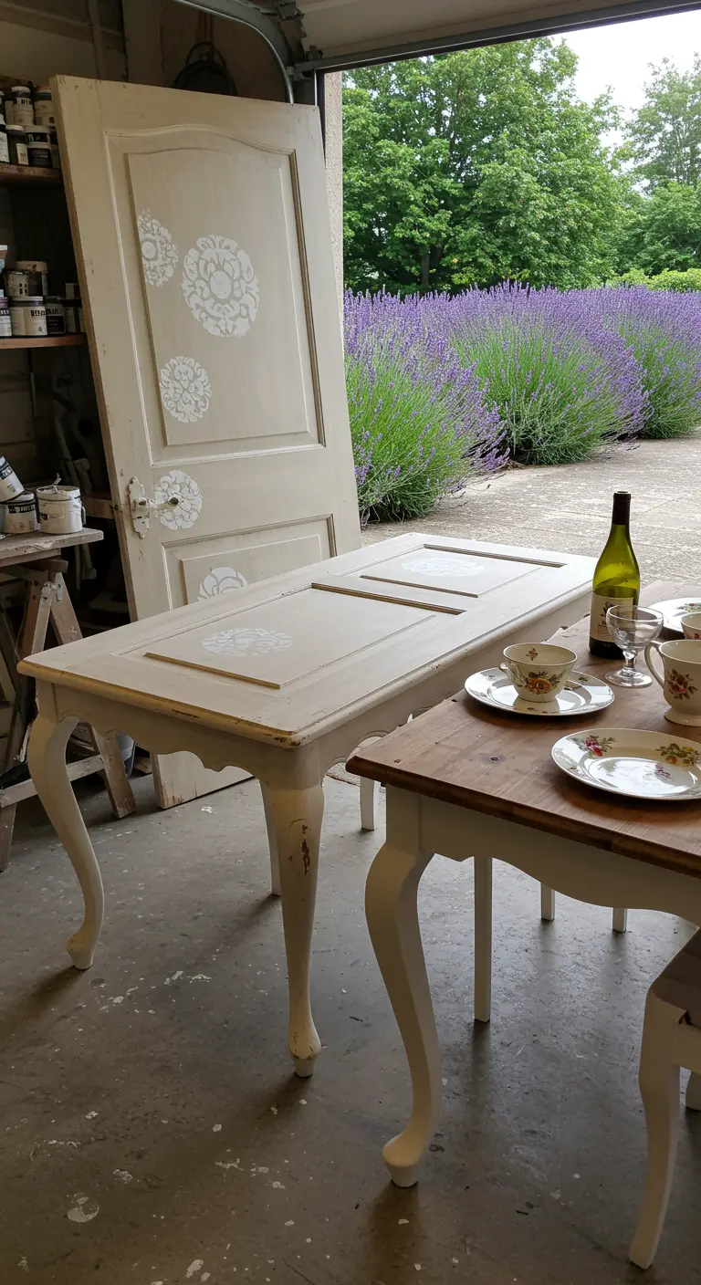 Mesa de comedor de estilo provenzal hecha con una puerta pintada de blanco y decorada con plantillas.