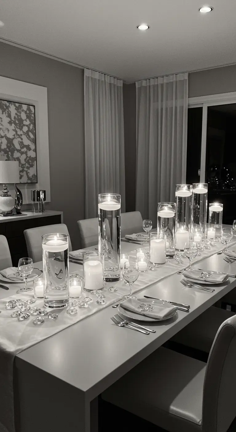 Mesa de comedor moderna en blanco y negro con velas flotantes en jarrones altos de cristal.