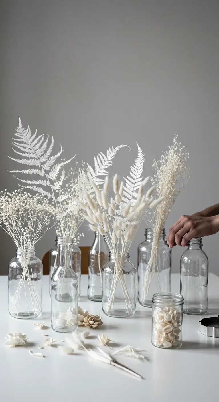 Composición elegante de flores secas blancas, como helechos y paniculata, en varios frascos de cristal.