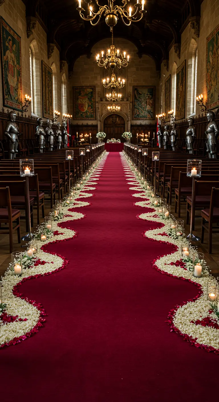 Pasillo con alfombra roja y bordes ondulados de pétalos blancos en un salón señorial.