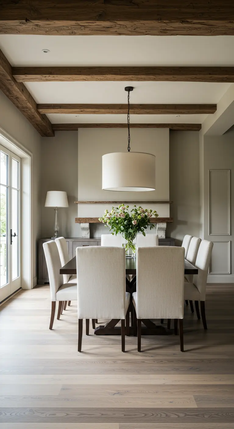 Comedor elegante y luminoso con techo de vigas de madera blanqueada y muebles neutros