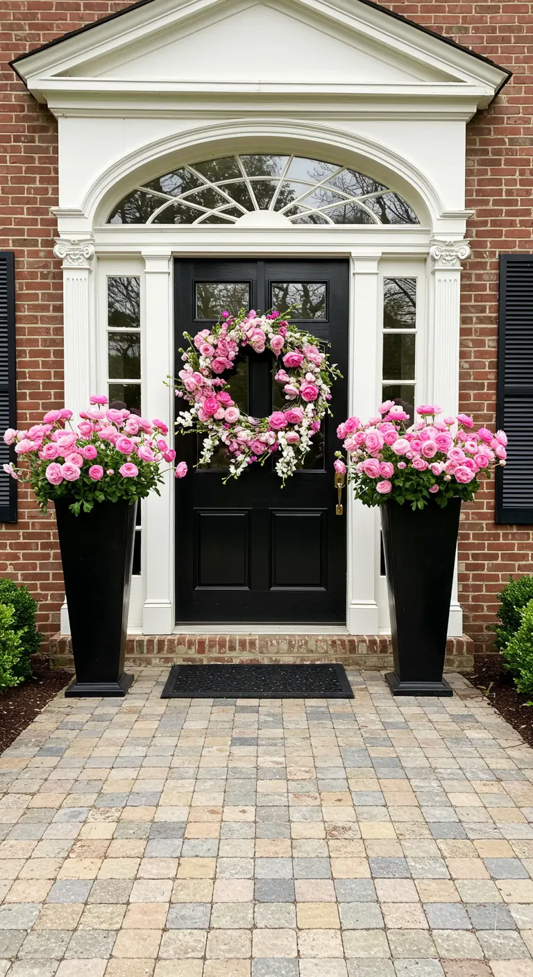 Entrada clásica con puerta negra, una espectacular corona de rosas rosas y dos maceteros altos a juego