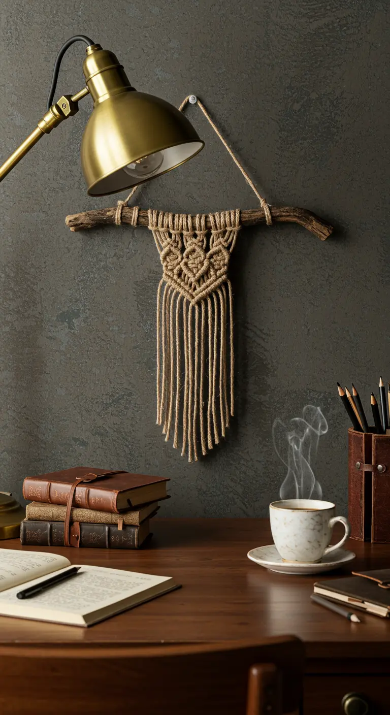 Pequeño tapiz de macramé en una rama natural sobre un escritorio de madera con una pared oscura.