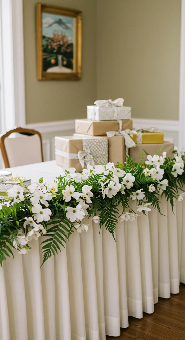 Mesa de regalos con mantel blanco, decorada con una delicada guirnalda de flores de cornejo.