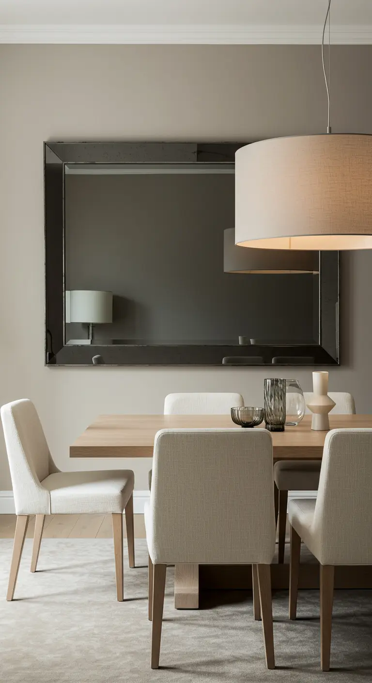 Comedor contemporáneo en tonos neutros con un gran espejo de marco oscuro y lámpara de tela