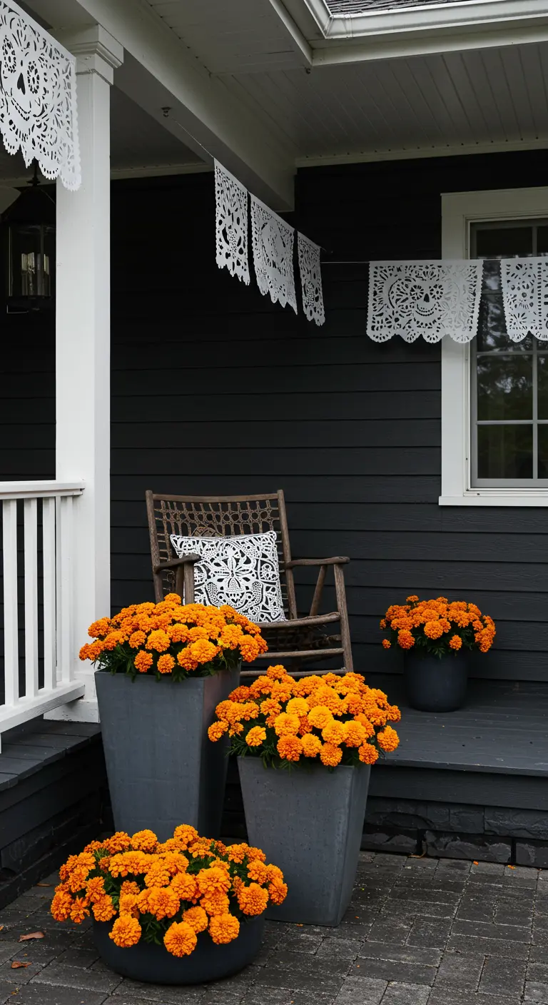Porche oscuro con papel picado blanco, maceteros grises con cempasúchil y una mecedora.