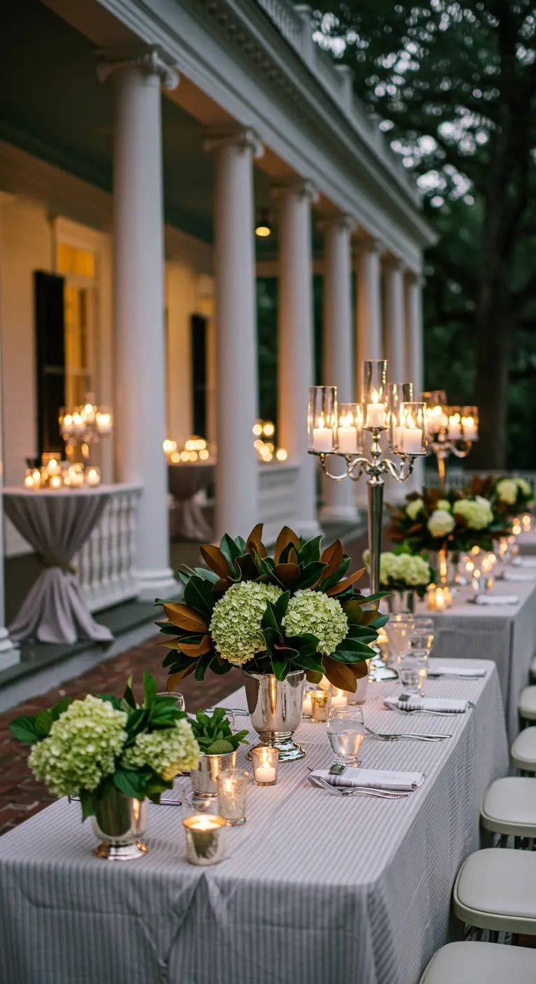 Recepción elegante en el porche de una mansión sureña, con hortensias y candelabros.