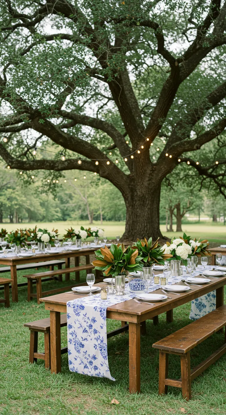 Mesas de picnic de madera bajo un gran roble, con caminos de mesa florales azules y blancos.