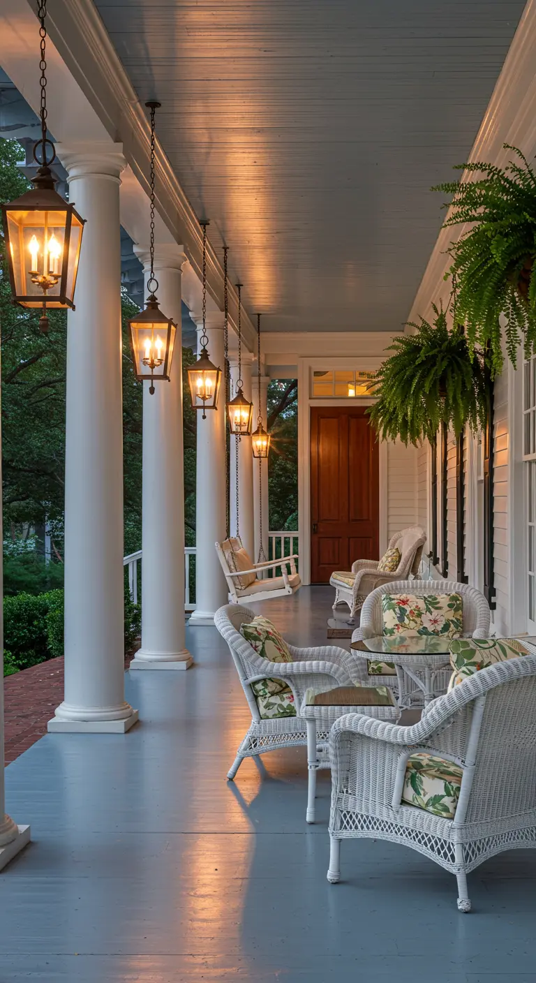 Amplio porche de estilo sureño con columnas blancas, muebles de mimbre y faroles colgantes.